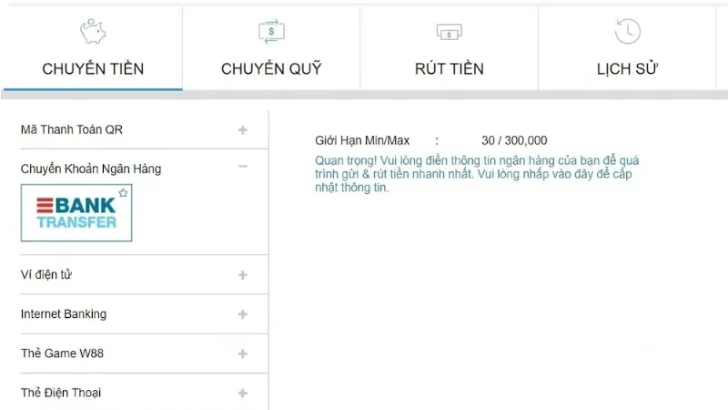 Trang chủ 12 Gửi tiền w88 nhanh chóng với ngân hàng